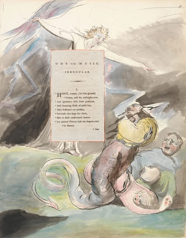 Dibujos para los Poemas de Gray, dibujo 95: Un genio ahuyentando a «Comus & his midnight-crew...», William Blake