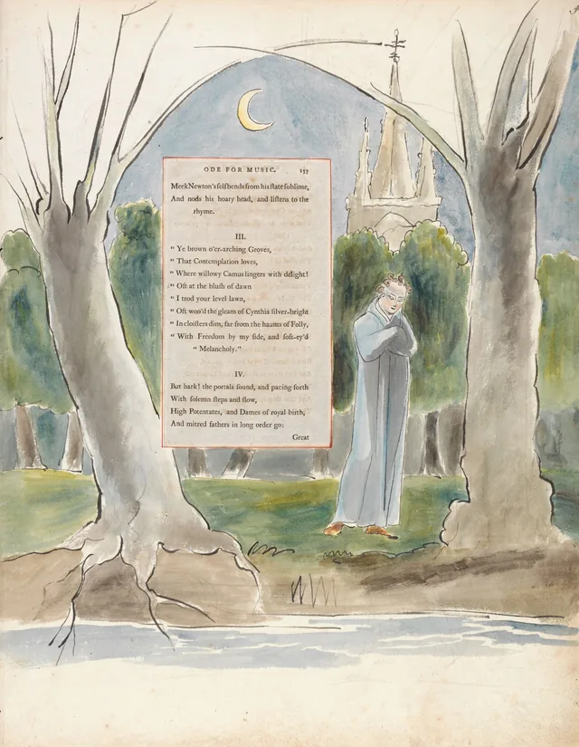 Designs for Gray's Poems, design 97: "Oft woo'd the gleam of Cynthia silver-bright... Where willowy Camus lingers with delight!..."