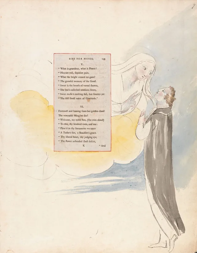 Designs for Gray's Poems, design 99: "Leaning from her golden cloud, The venerable Marg'ret see!..."