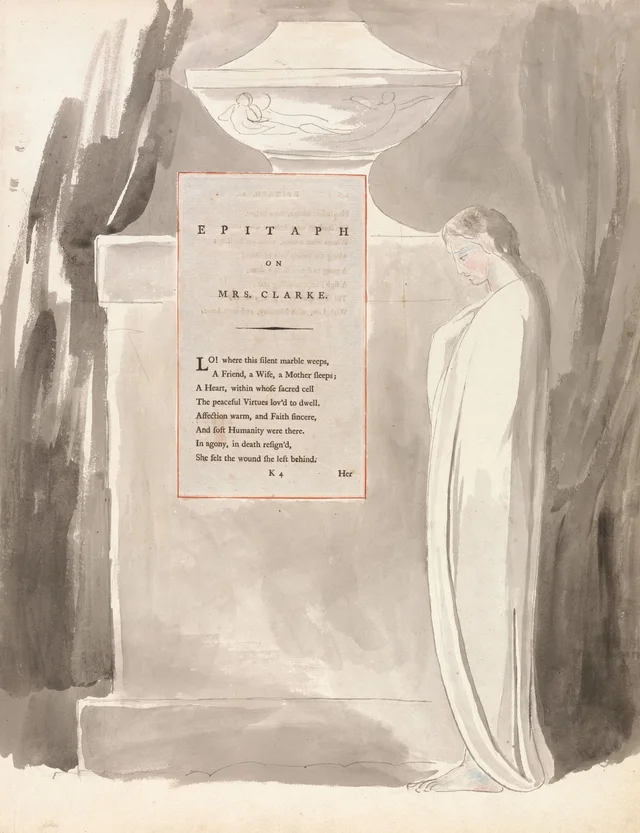 Dibujos para los Poemas de Gray: Epitafio de la señora Clarke; portada, William Blake