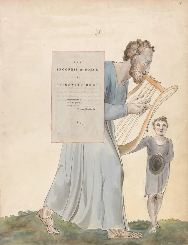 Dibujos para los Poemas de Gray: El progreso de la poesía, una oda pindárica; portada, William Blake