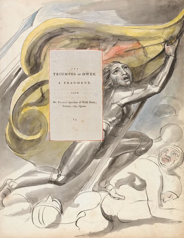 Dessins pour les Poèmes de Gray : Les Triomphes d'Owen, un fragment ; page de titre