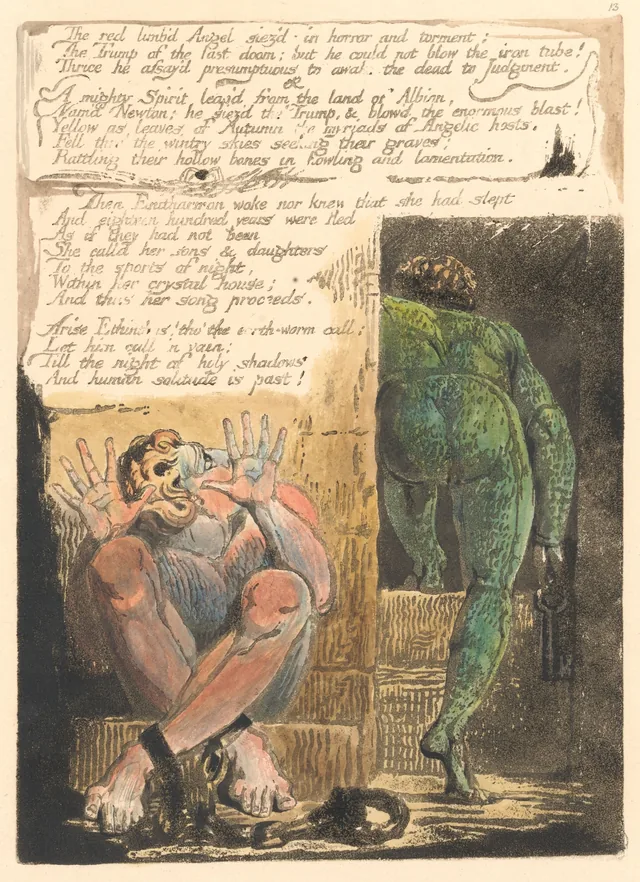 Europa, uma profecia, prancha 15: « The red limb'd Angel siez'd in horror and torment... », William Blake