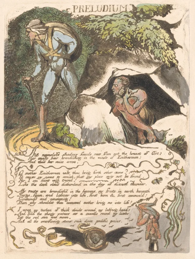 ヨーロッパ、予言、図版3：序詩。「The nameless shadowy female rose from out the breast of Orc...」
