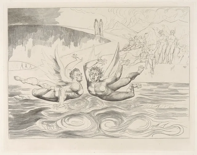 Illustrations to Dante's Divine Comedy, plate 3: The Baffled Devils Fighting, William Blake