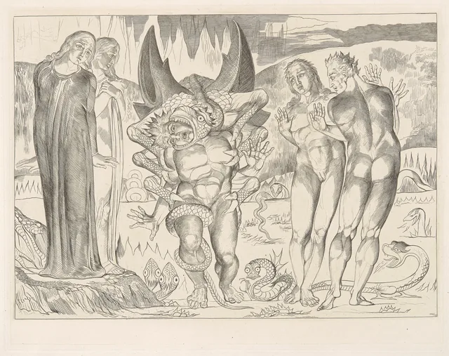 Illustrations to Dante's Divine Comedy, plate 4: The Six-Footed Serpent Attacking Agnolo Brunelleschi, William Blake