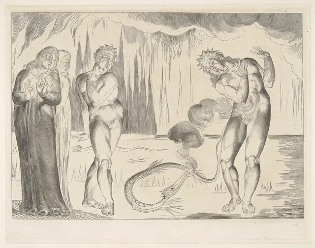 Illustrations to Dante's Divine Comedy, plate 5: The Serpent Attacking Buoso Donati, William Blake