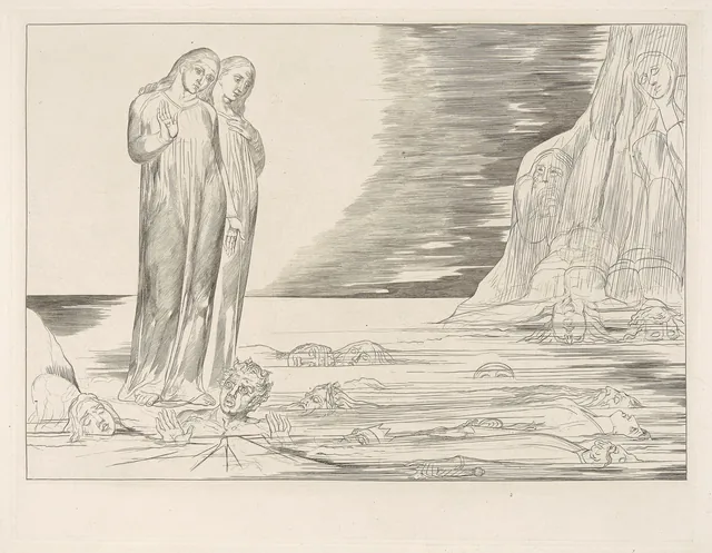Illustrations to Dante's Divine Comedy, plate 7: Dante Striking against Bocca Degli Abati, William Blake