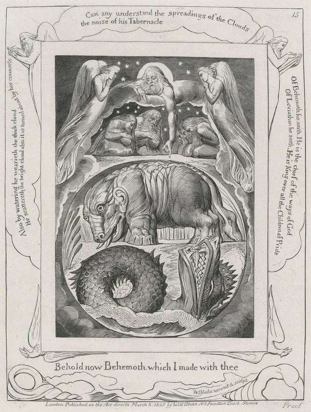 Illustrations of the Book of Job, plate 15: Behemoth and Leviathan, William Blake