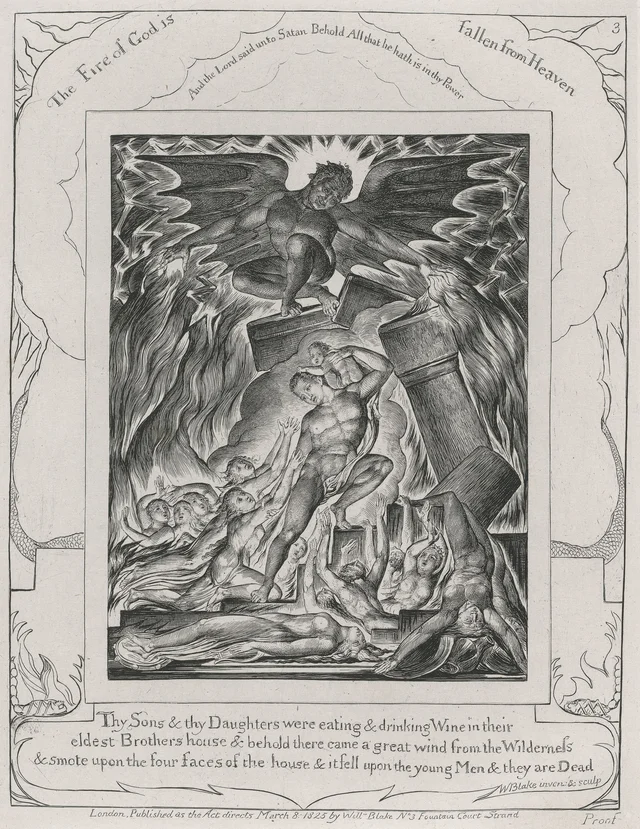Illustrations of the Book of Job, plate 3: Job's Sons and Daughters Overwhelmed by Satan