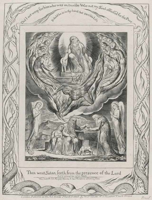 Illustrations of the Book of Job, plate 5: Satan Going Forth from the Presence of the Lord and Job's Charity, William Blake