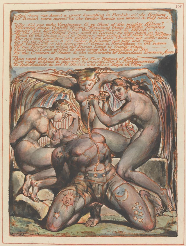 Jerusalén, lámina 25: «And there was heard a great lamenting in Beulah...»; viñeta final del capítulo 1