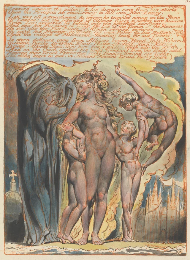 Jerusalén, lámina 32: «Leaning against the pillars...», William Blake
