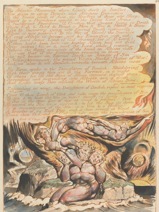Jerusalém, prancha 50: « The Atlantic Mountains where Giants dwelt... »; vinheta final do capítulo 2