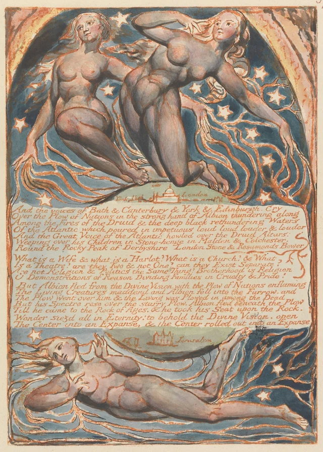 Jerusalem, plate 57: "And the voices of Bath & Canterbury & York & Edinburgh, Cry..."