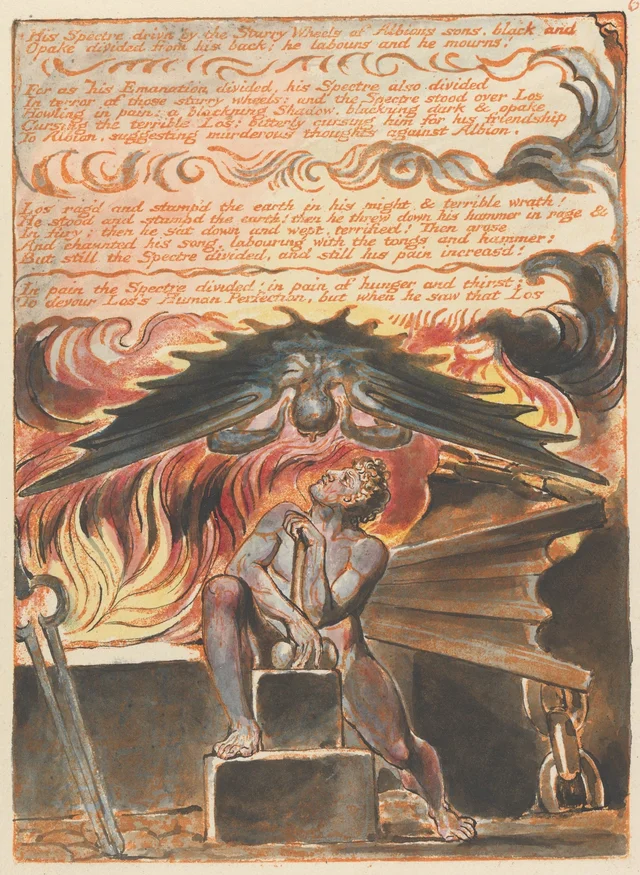 Jerusalén, lámina 6: «His Spectre driv'n by the Starry Wheels of Albions sons...», William Blake