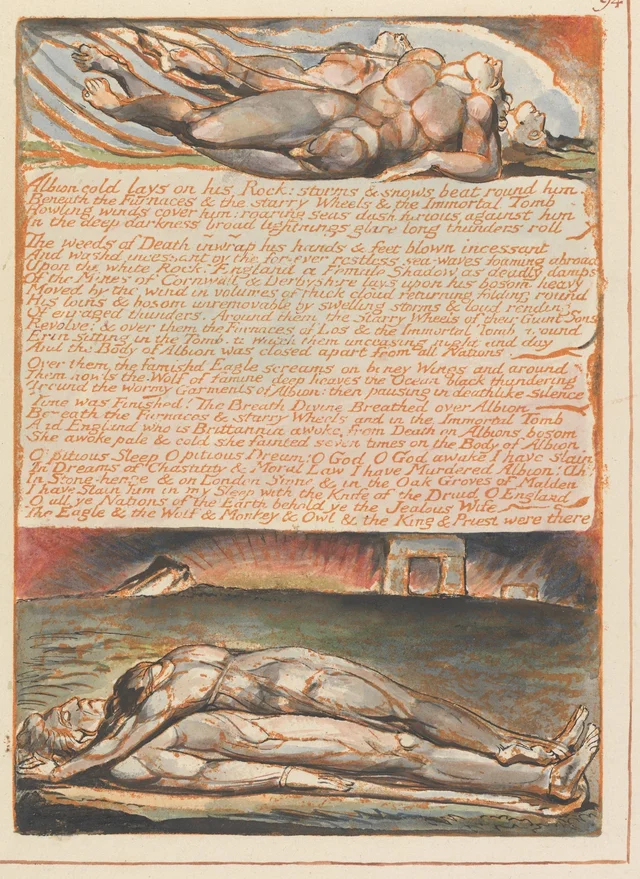 Jerusalém, prancha 94: « Albion cold lays on his Rock... »