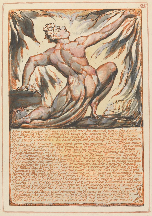 Jerusalem, plate 95: "Her voice pierc'd Albions clay cold ear..."