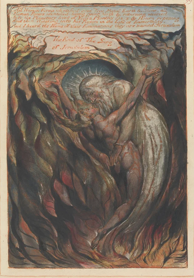 Jerusalén, lámina 99: «All Human Forms identified... The End of The Song of Jerusalem»; colofón, William Blake