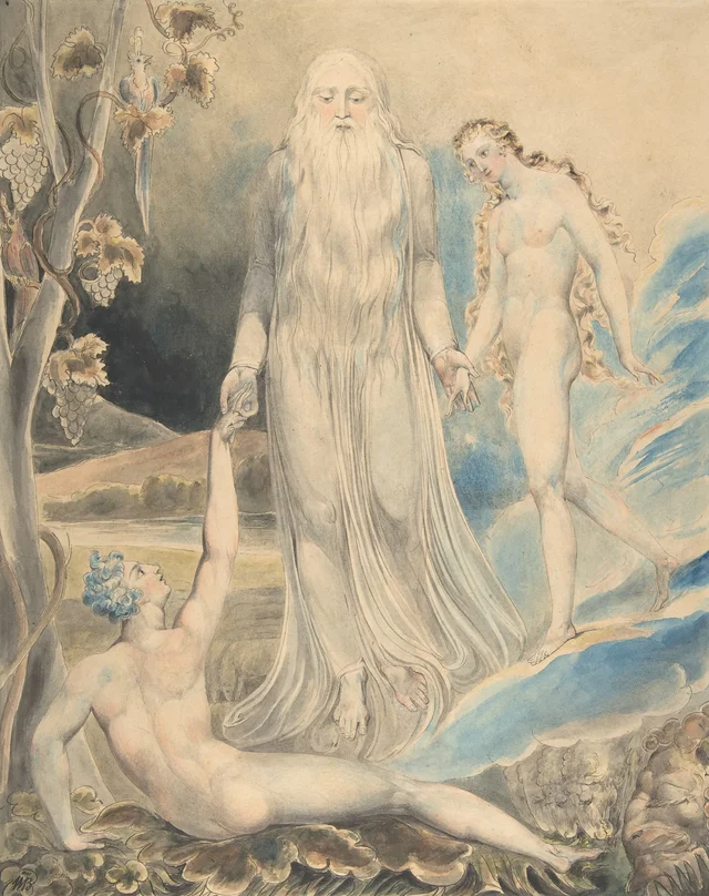 El ángel de la Presencia divina conduciendo a Eva hacia Adán (La creación de Eva: «And She Shall be Called Woman») (anverso); boceto del mismo tema (reverso), William Blake