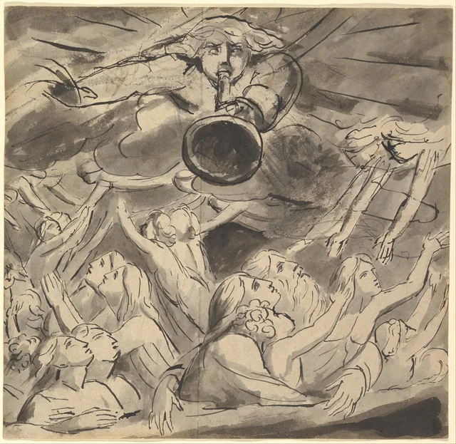 La Dernière Trompette (recto) ; deux études d'un œil droit, un profil de jeune homme la bouche ouverte, une tête d'aigle et une tête de lion (verso)