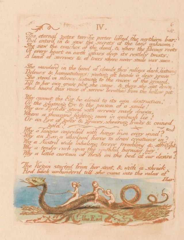 Le Livre de Thel, planche 8 : IV. « The eternal gates terrific porter lifted the northern bar... »