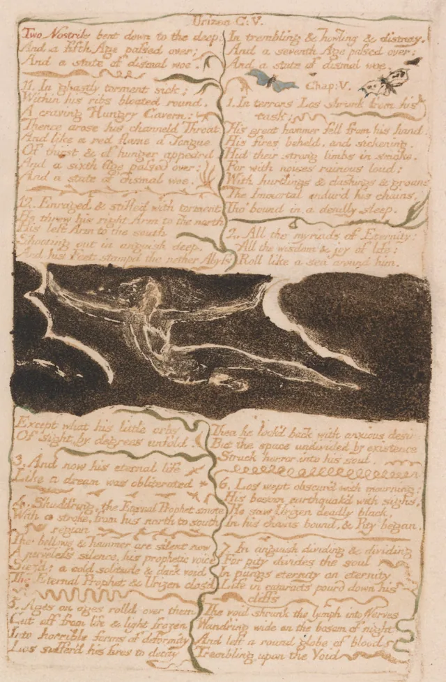 Le Premier Livre d'Urizen, planche 16 : Chapitre V, « Two Nostrils bent down to the deep... »