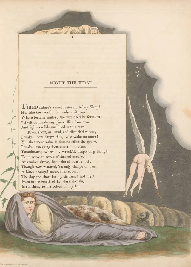 Night Thoughts, page 1: 'Swift on his downy pinion flies from woe'