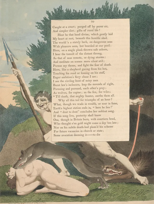 夜の思い、ページ70：「Till death, that mighty hunter, earths them all」