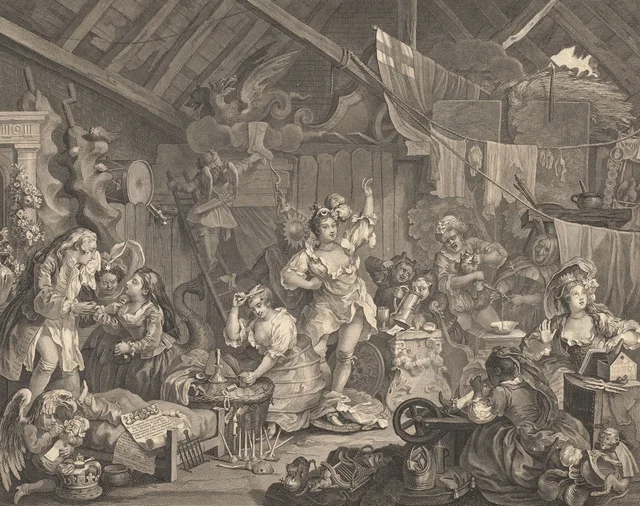 Actrices ambulantes vistiéndose en un granero, William Hogarth