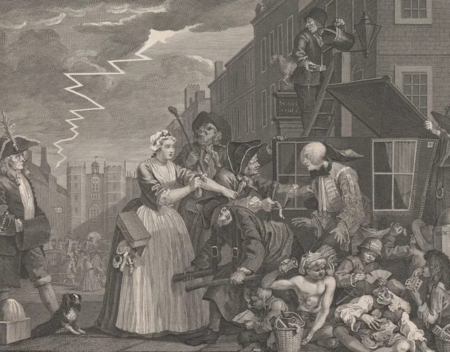 La carrera de un libertino, lámina 4: El arresto, William Hogarth
