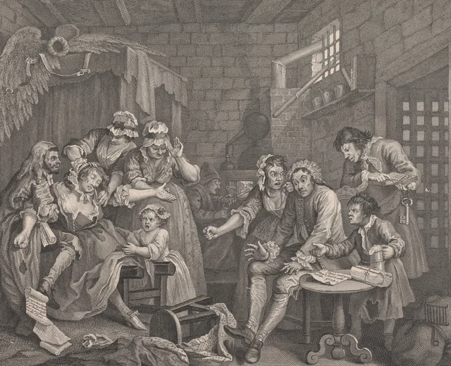 A Carreira de um Libertino, prancha 7: A prisão, William Hogarth