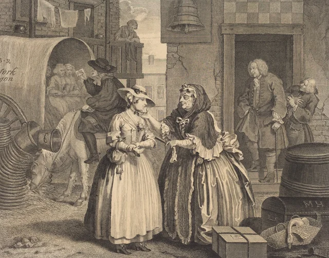 La carrera de una prostituta, lámina 1: Moll Hackabout llega a Londres, William Hogarth