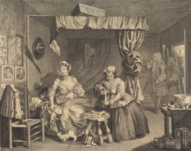 La carrera de una prostituta, lámina 3: Moll arrestada en su buhardilla, William Hogarth