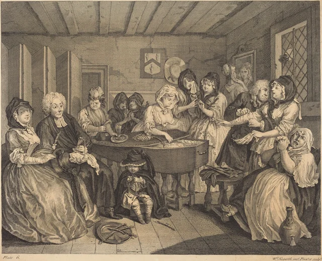 La Carrière d'une prostituée, planche 6 : La veillée funèbre de Moll, William Hogarth