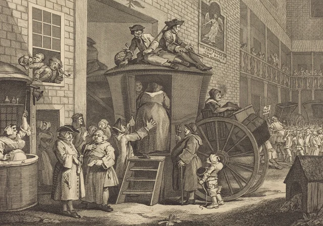 La diligencia, o el patio de la posada, William Hogarth