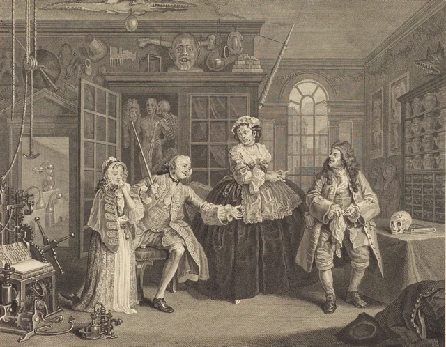 Matrimonio a la moda, lámina 3: La visita al charlatán, William Hogarth