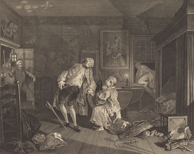 Matrimonio a la moda, lámina 5: La muerte del conde, William Hogarth