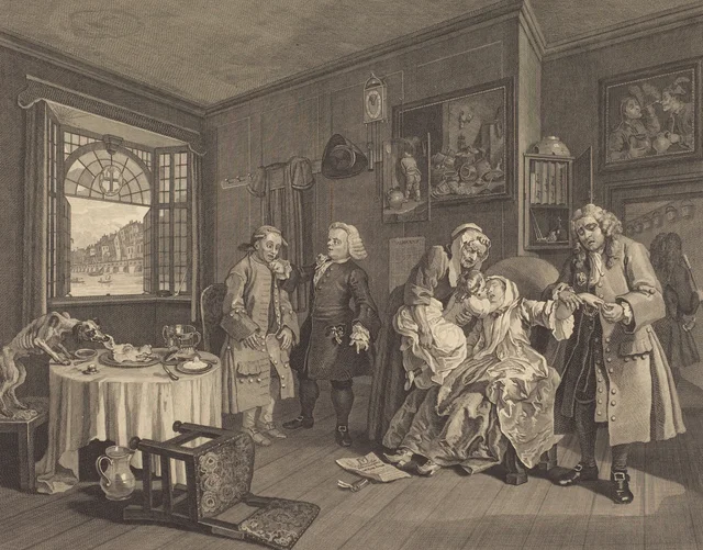 Matrimonio a la moda, lámina 6: La muerte de la condesa, William Hogarth
