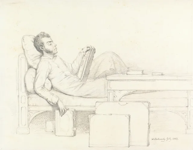 Autorretrato do artista deitado num sofá gótico, lendo um livro, William Mulready