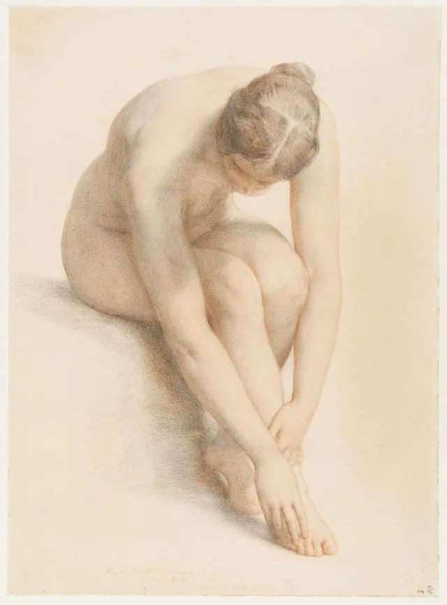 Nu feminino sentado, inclinado para a frente, William Mulready