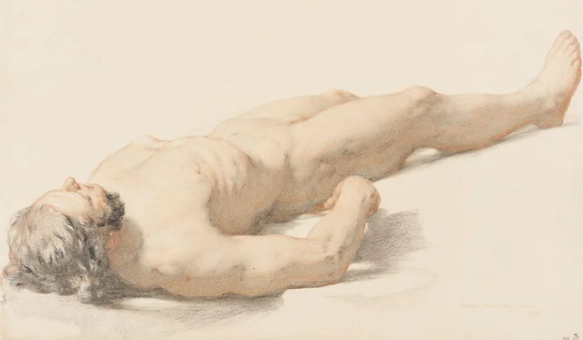 Desnudo masculino tumbado boca arriba, visto de tres cuartos desde la cabeza