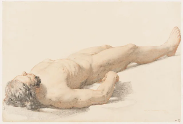 Nu masculino deitado de costas, visto de três quartos a partir da cabeça, William Mulready