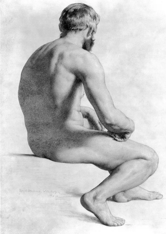 Desnudo masculino sentado, de tres cuartos de espaldas