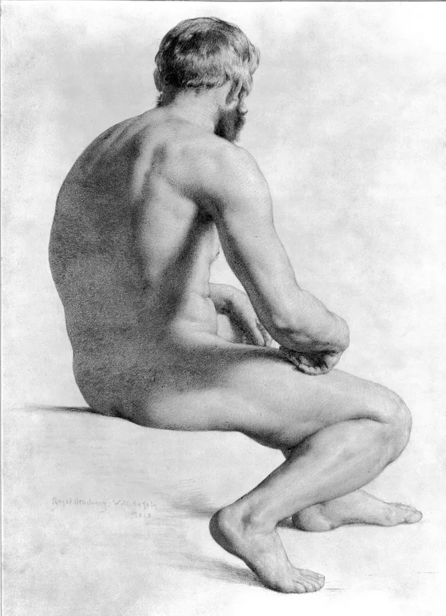 Nu masculino sentado, de três quartos de costas, William Mulready