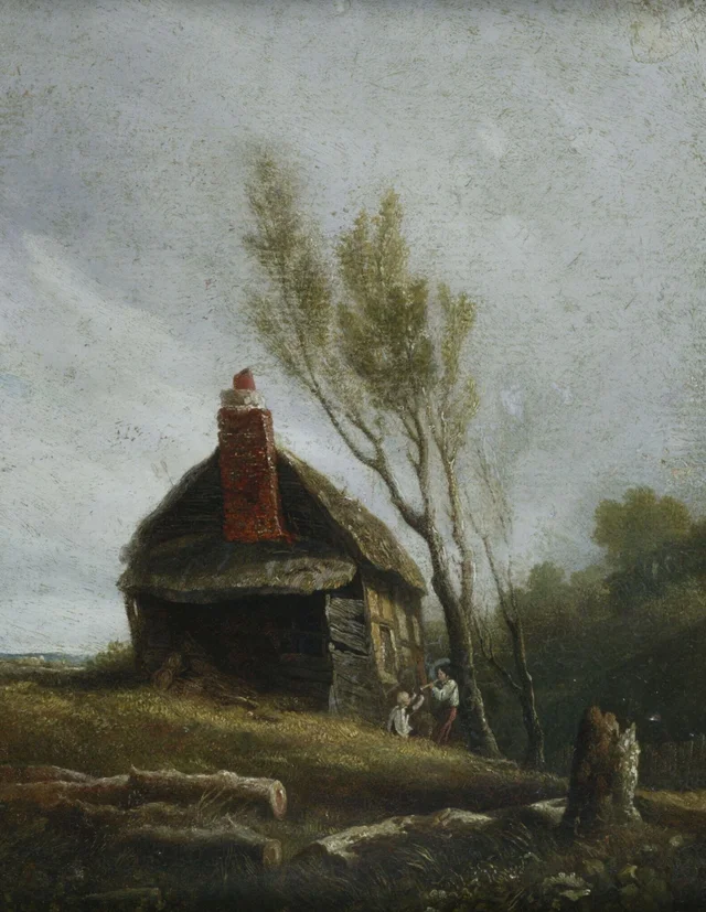 Paisaje: una cabaña con árboles y dos niños