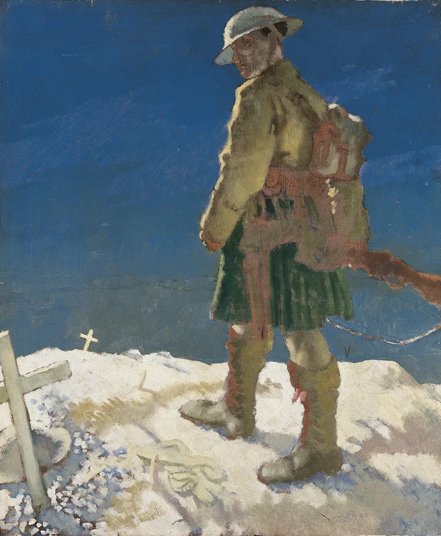 Un highlander pasando junto a una tumba