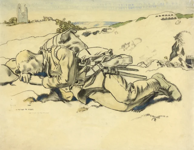 Un hombre descansando cerca de Arras. Mont-Saint-Éloi a la izquierda, la cresta de Vimy a lo lejos, William Orpen