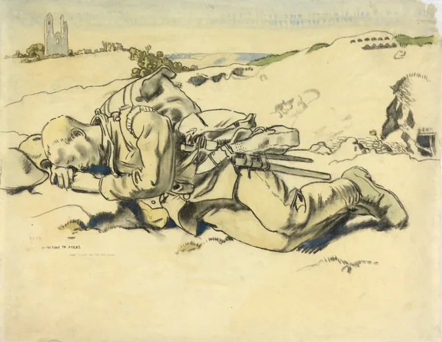 Um homem descansando perto de Arras. Mont-Saint-Éloi à esquerda, a crista de Vimy ao longe, William Orpen