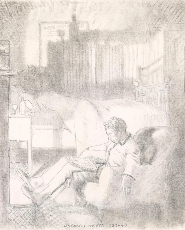 Desenho do artista sentado num quarto diante do fogo